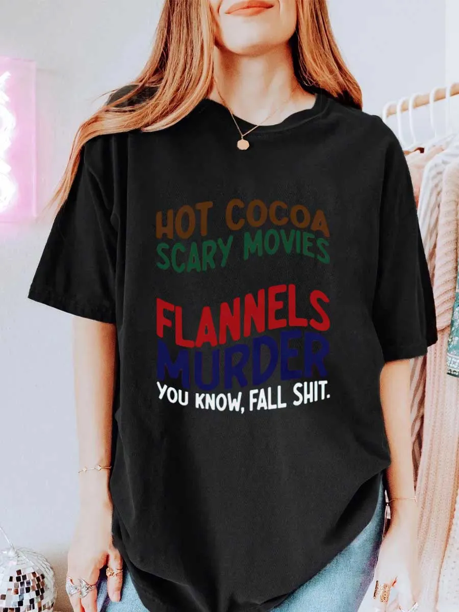 Vintage Hot Cocoa Scary Movies Pumpkin Spice Flannels Murder Oversize Graphic Tee