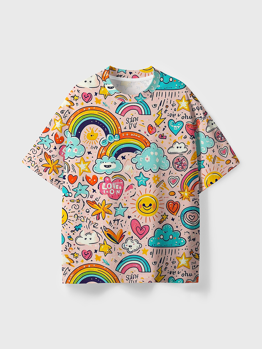 Vintage Cute Rainbow Sun Cloud Doodle All Over Print T-Shirt