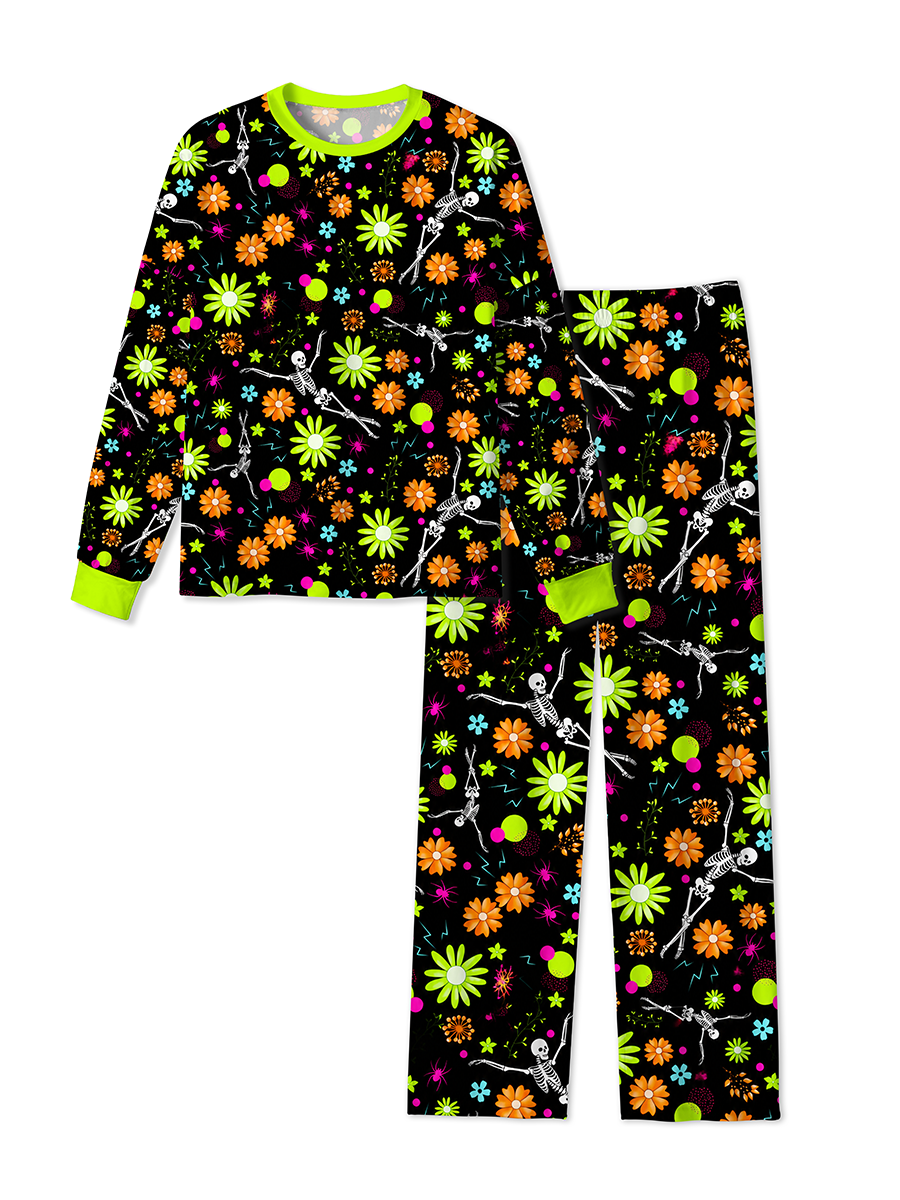 Vintage Dancing Skeleton Neon Retro Flower Halloween Pajama