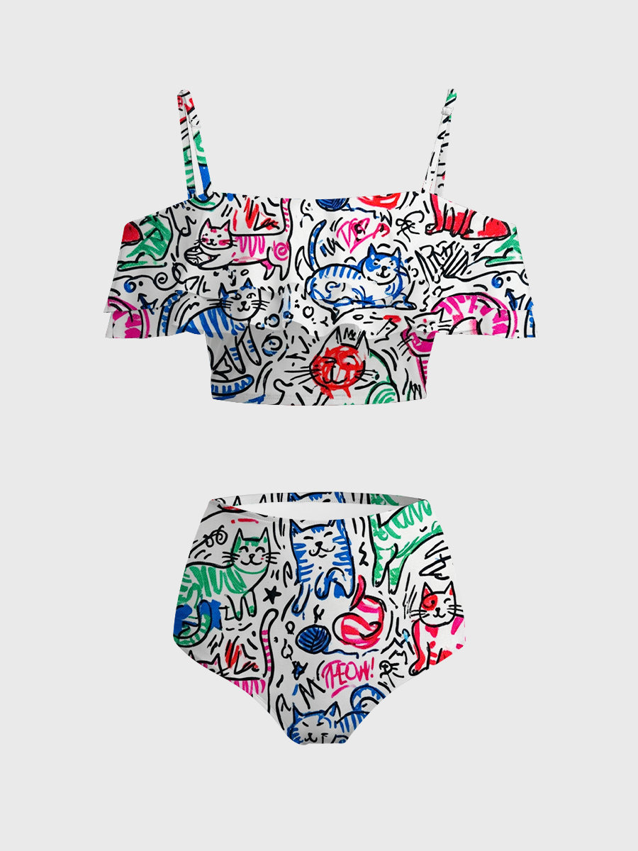 Vintage Colorful  Abstract Line-Art Cats Two Piece Ruffled Tankini Swimsuit