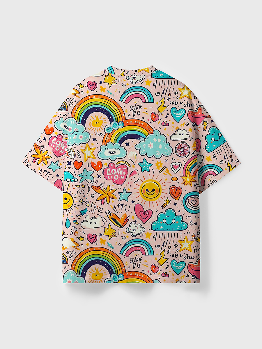 Vintage Cute Rainbow Sun Cloud Doodle All Over Print T-Shirt