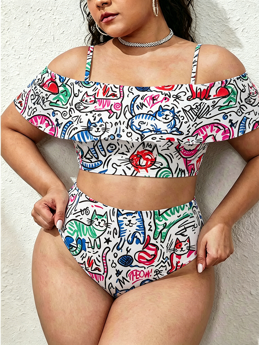 Vintage Colorful  Abstract Line-Art Cats Two Piece Ruffled Tankini Swimsuit