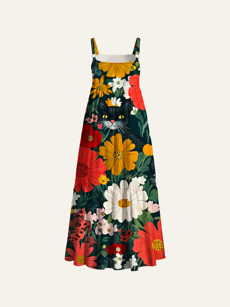 Whimsical Folk Cat & Wildflower Print Adjustable Wide Straps Maxi Dress