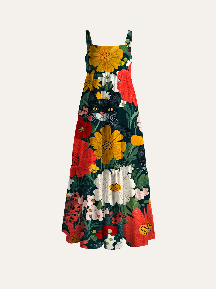 Whimsical Folk Cat & Wildflower Print Adjustable Wide Straps Maxi Dress