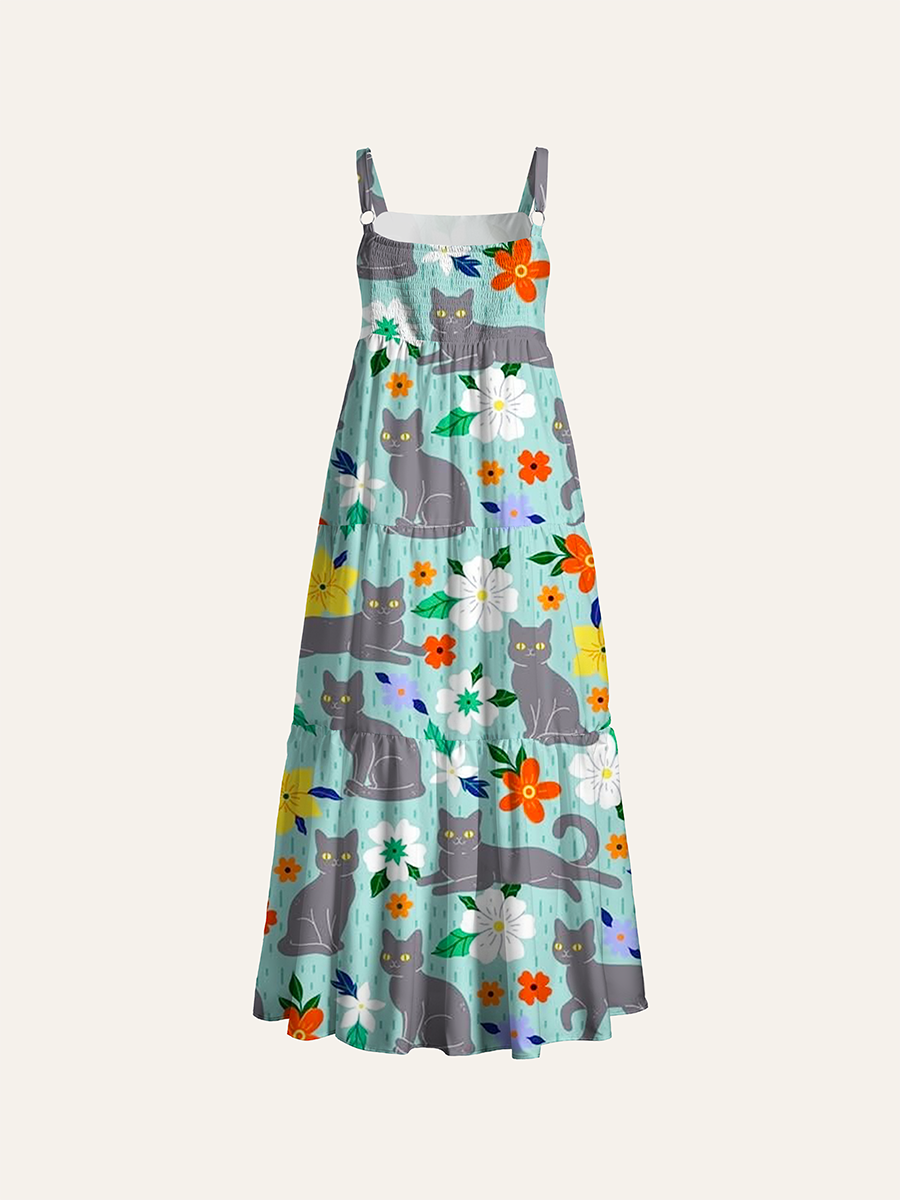Gray Cat Multicolor Wildflower Mint Blue Kids Adjustable Wide Straps Maxi Dress