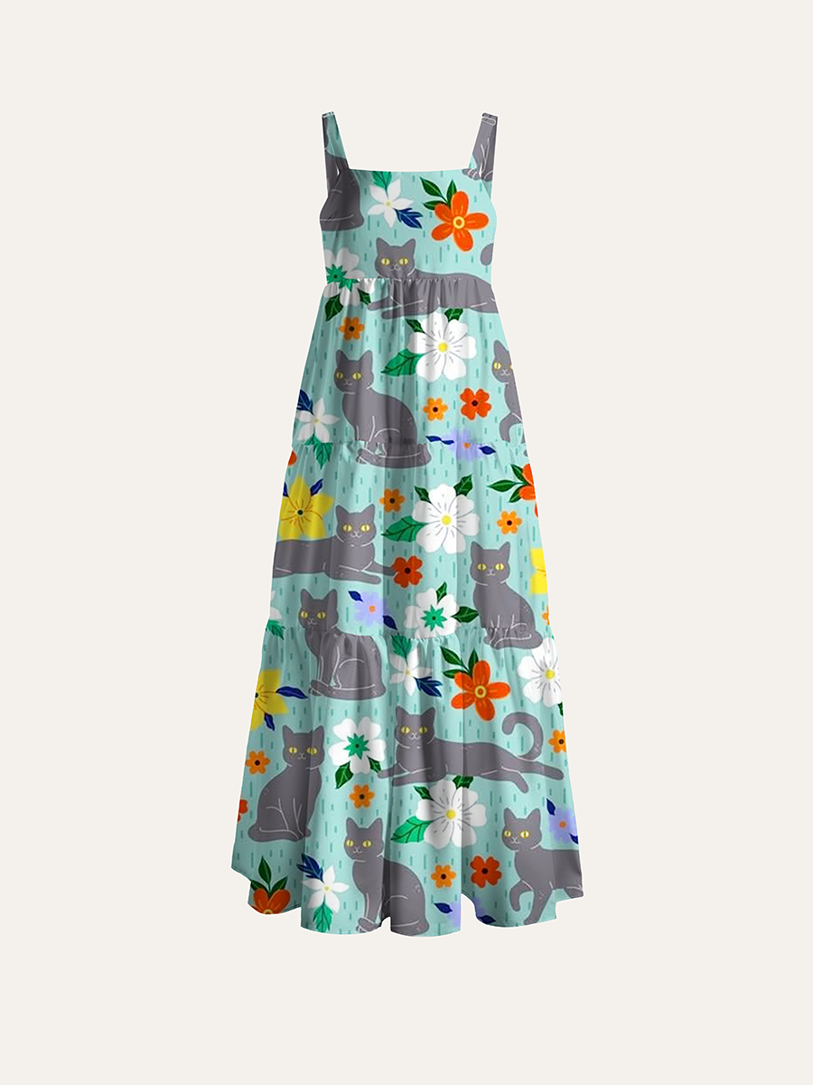Gray Cat Multicolor Wildflower Mint Blue Kids Adjustable Wide Straps Maxi Dress