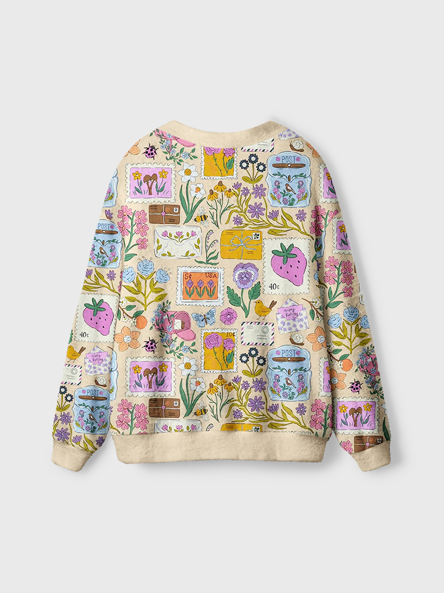 Vintage Fresh Letters Strawberries And Floral Stamps Cardigan Sweaters