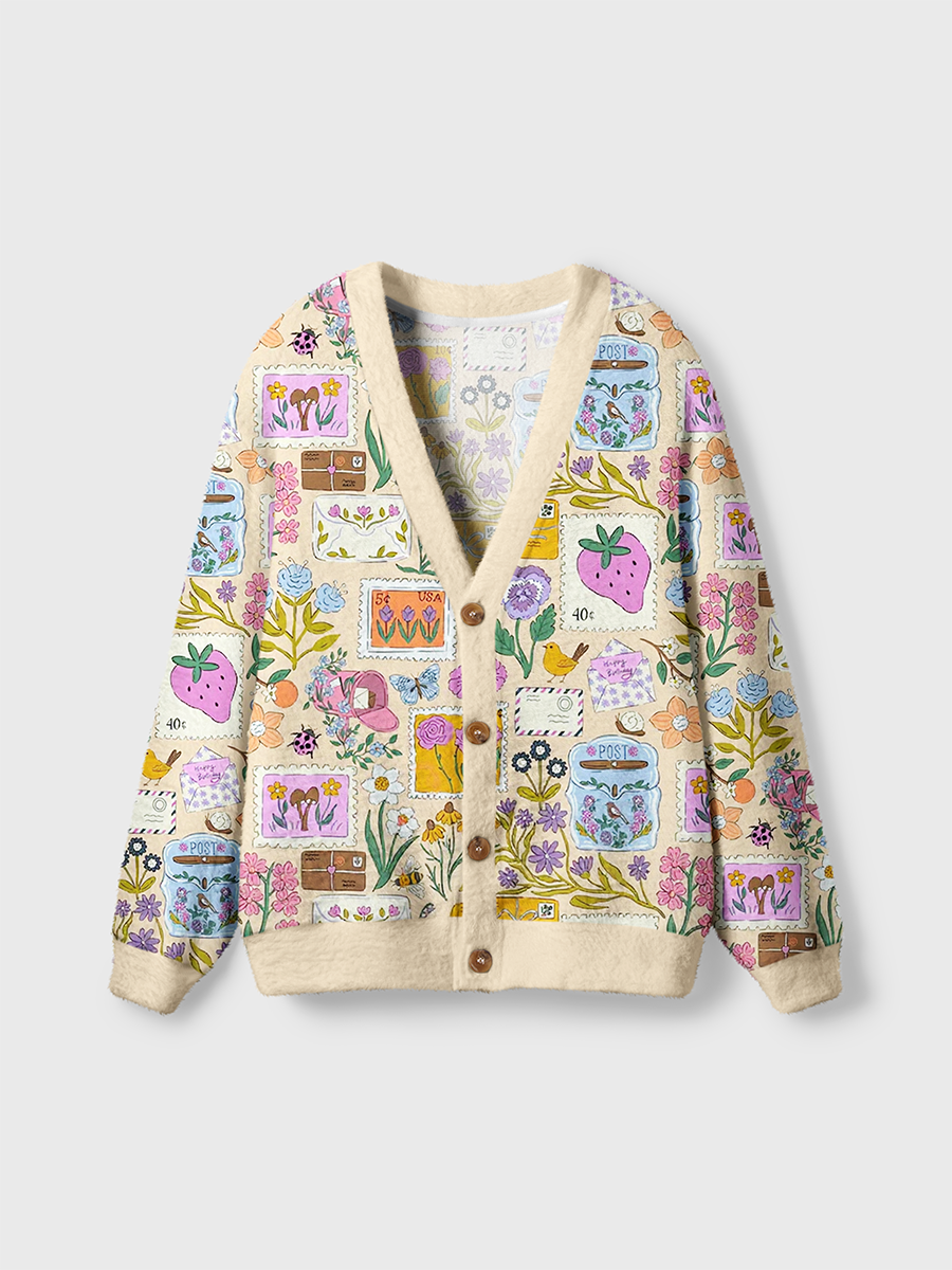 Vintage Fresh Letters Strawberries And Floral Stamps Cardigan Sweaters