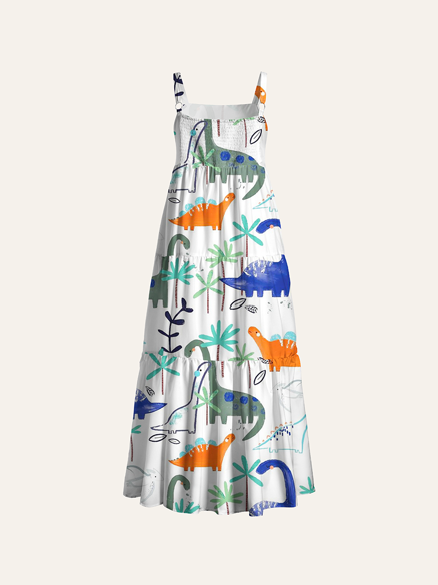 Cute Hand Drawn Dinosaur Palm Tree Kids Adjustable Wide Straps Maxi Dress