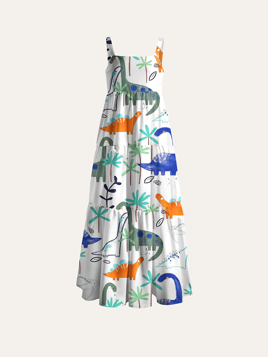 Cute Hand Drawn Dinosaur Palm Tree Kids Adjustable Wide Straps Maxi Dress