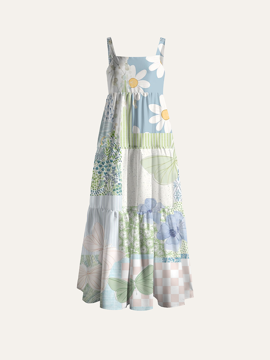 Patchwork Daisy Butterfly Cottage Adjustable Wide Straps Maxi Dress