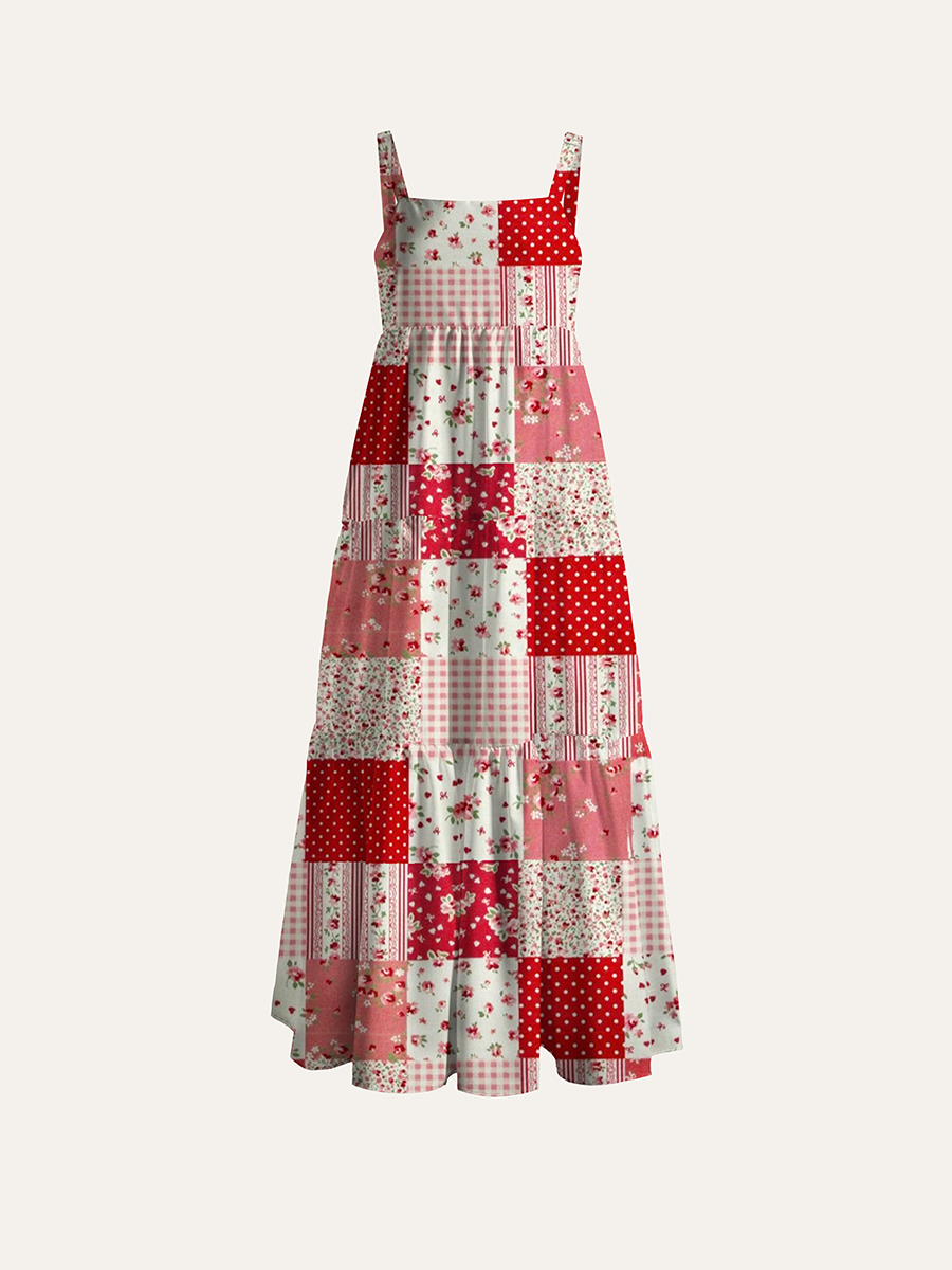 Floral Gingham Patchwork Quilt Adjustable Wide Straps Maxi Dress