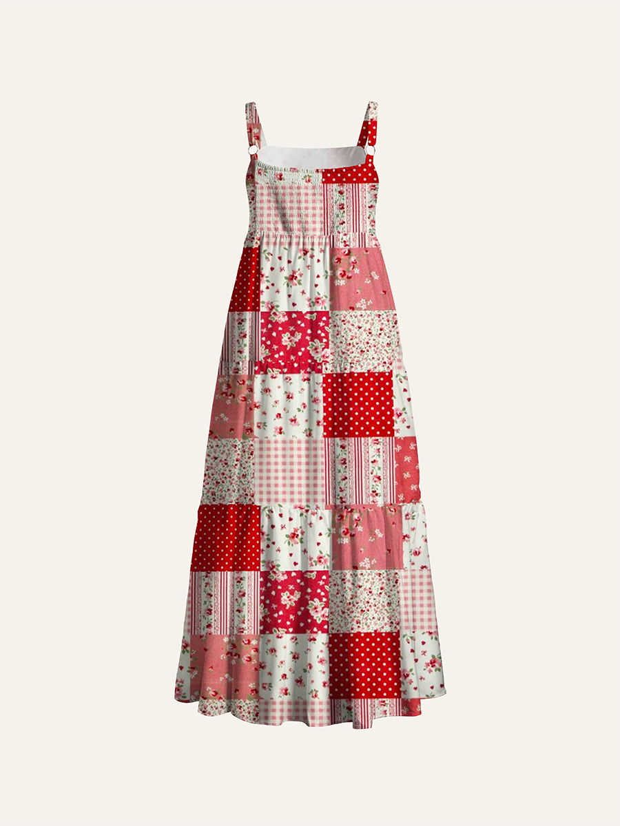 Floral Gingham Patchwork Quilt Adjustable Wide Straps Maxi Dress