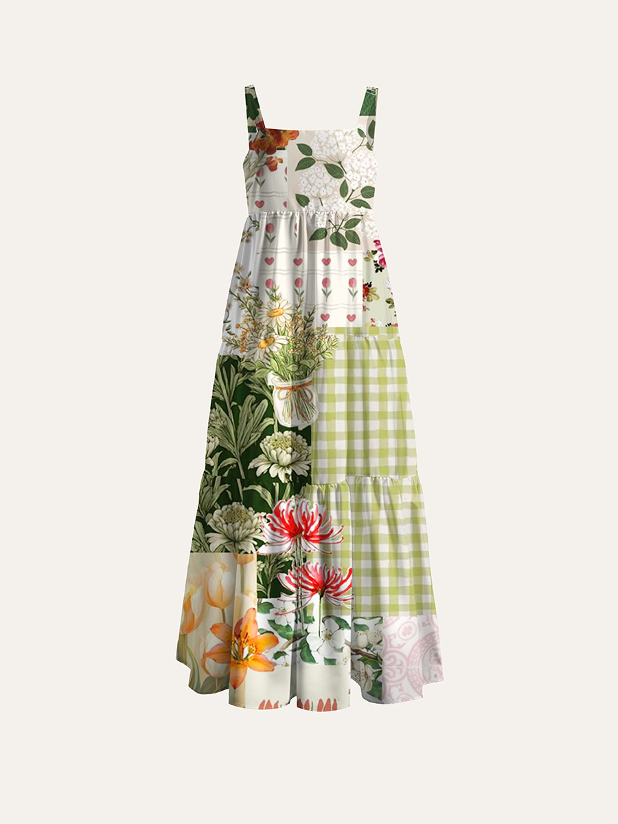 Collage Floral Gingham Patchwork Adjustable Wide Straps Maxi Dress