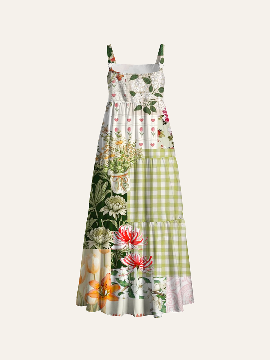 Collage Floral Gingham Patchwork Adjustable Wide Straps Maxi Dress