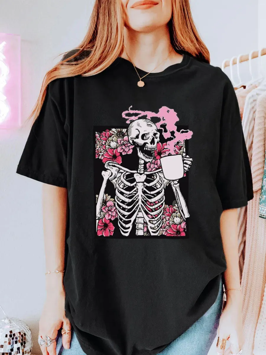 Vintage Coffee Drinking Skeleton Oversize Graphic Tee