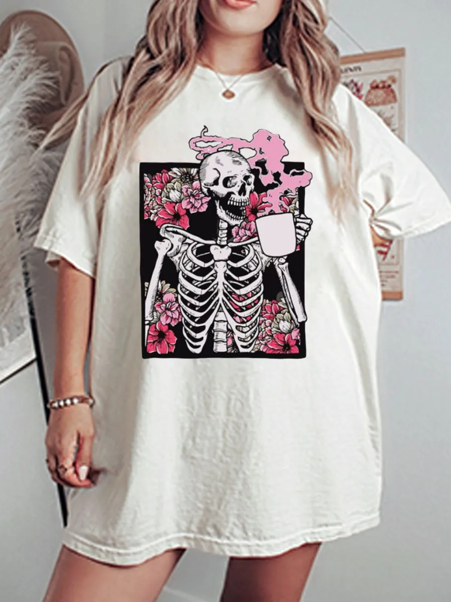 Vintage Coffee Drinking Skeleton Oversize Graphic Tee
