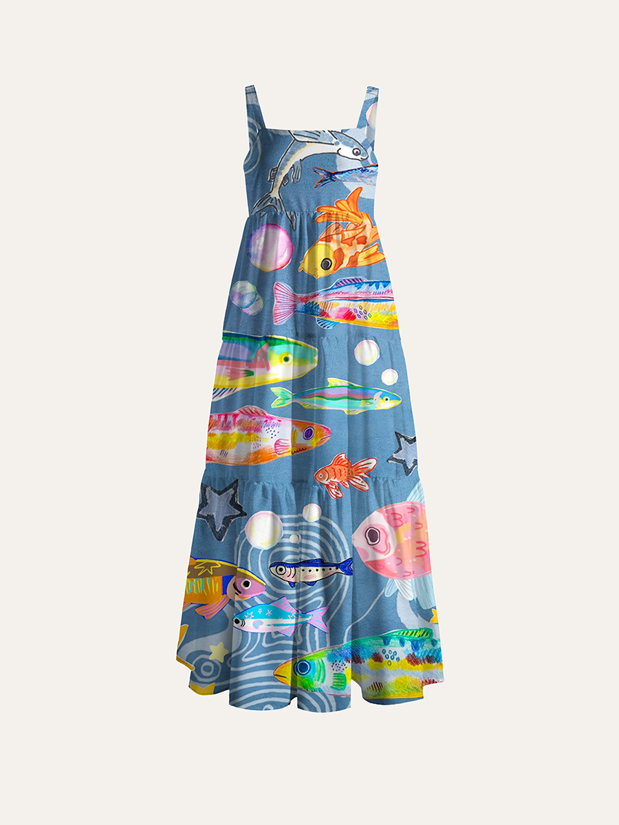 Colorful Hand Drawn Tropical Fish Kids Ocean Adjustable Wide Straps Maxi Dress