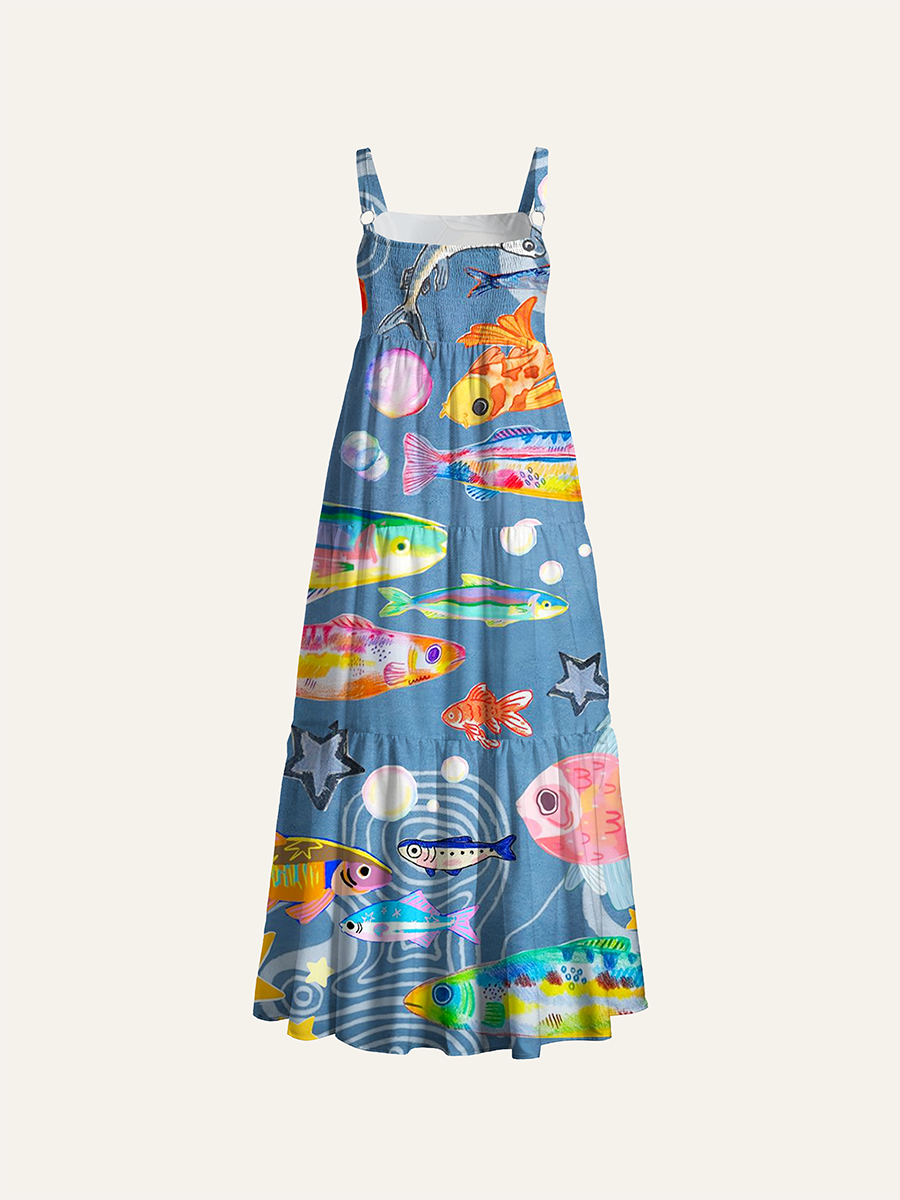 Colorful Hand Drawn Tropical Fish Kids Ocean Adjustable Wide Straps Maxi Dress