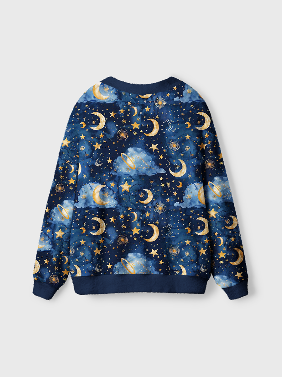 Vintage Dreamy Night Sky Moon Clouds And Gold Stars Cardigan Sweaters