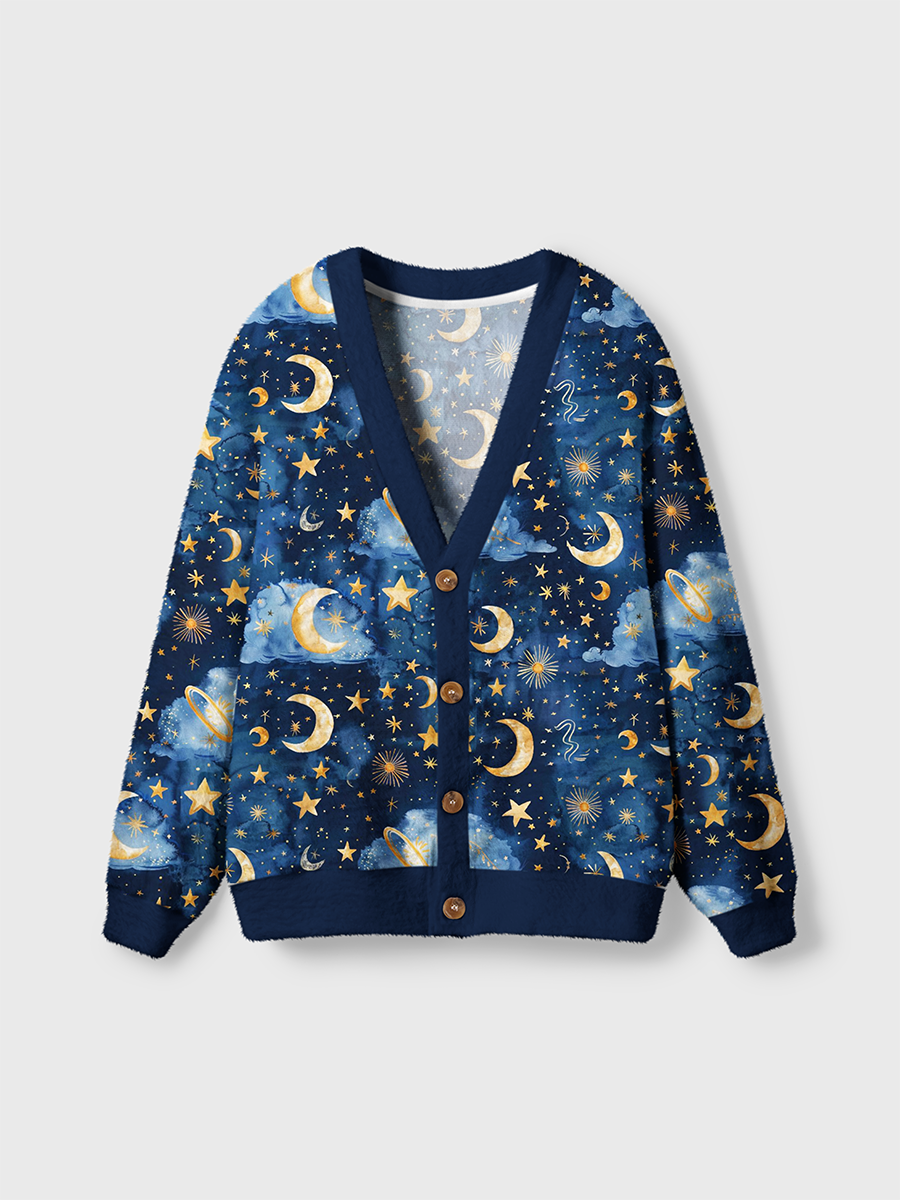 Vintage Dreamy Night Sky Moon Clouds And Gold Stars Cardigan Sweaters
