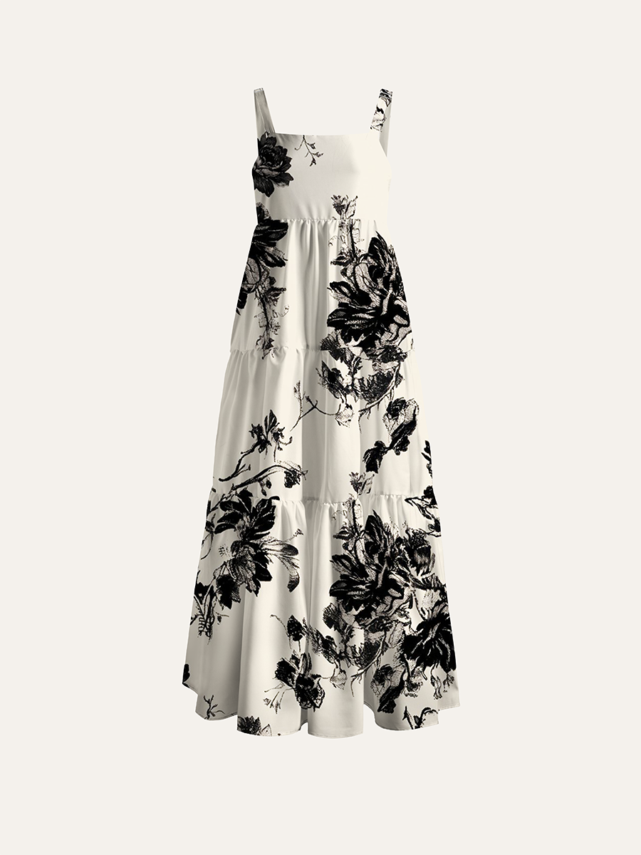 Vintage Black Sketch Rose Vine Adjustable Wide Straps Maxi Dress