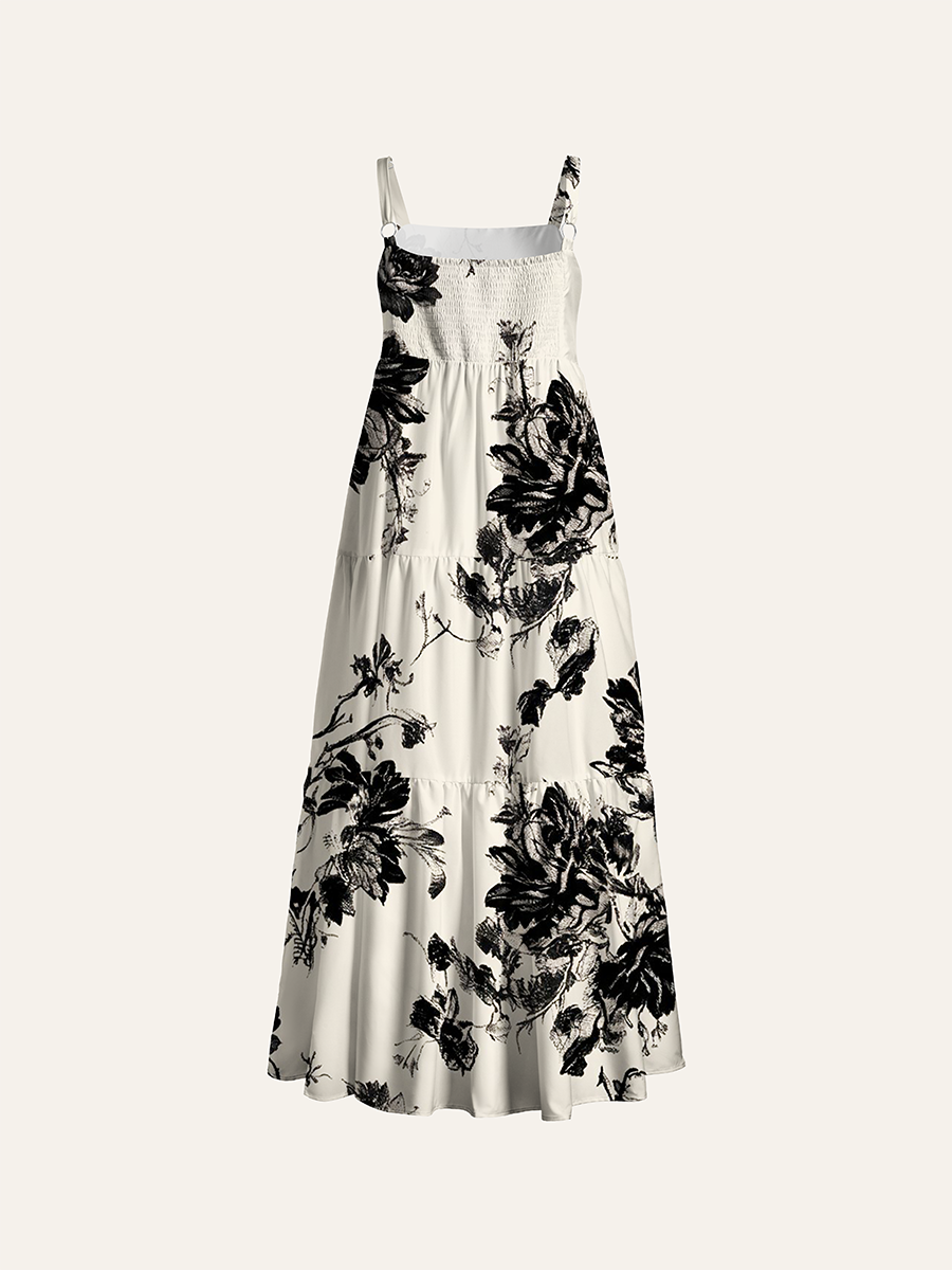 Vintage Black Sketch Rose Vine Adjustable Wide Straps Maxi Dress