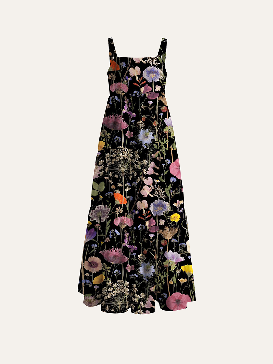 Dark Pressed Wildflower Botanical Adjustable Wide Straps Maxi Dress