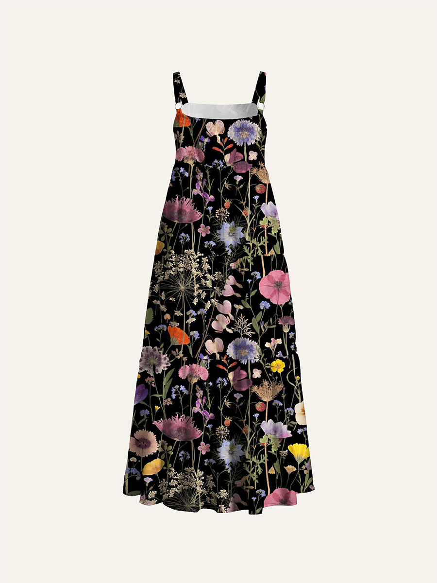 Dark Pressed Wildflower Botanical Adjustable Wide Straps Maxi Dress