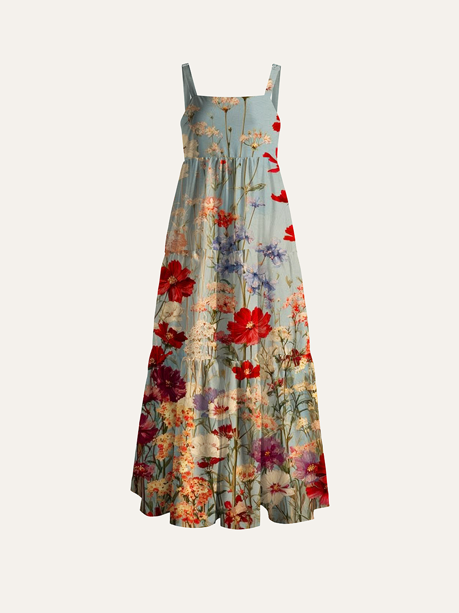 Vintage Tall Wildflower Oil Painting Adjustable Wide Straps Maxi Dress