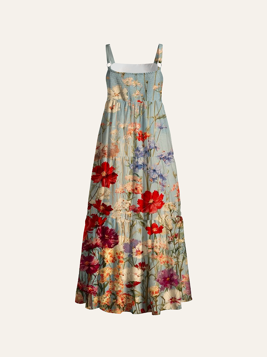 Vintage Tall Wildflower Oil Painting Adjustable Wide Straps Maxi Dress