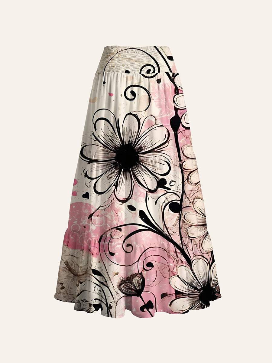 Beige Base Black Outline Daisy & Heart Vintage Collage Convertible Maxi Skirts