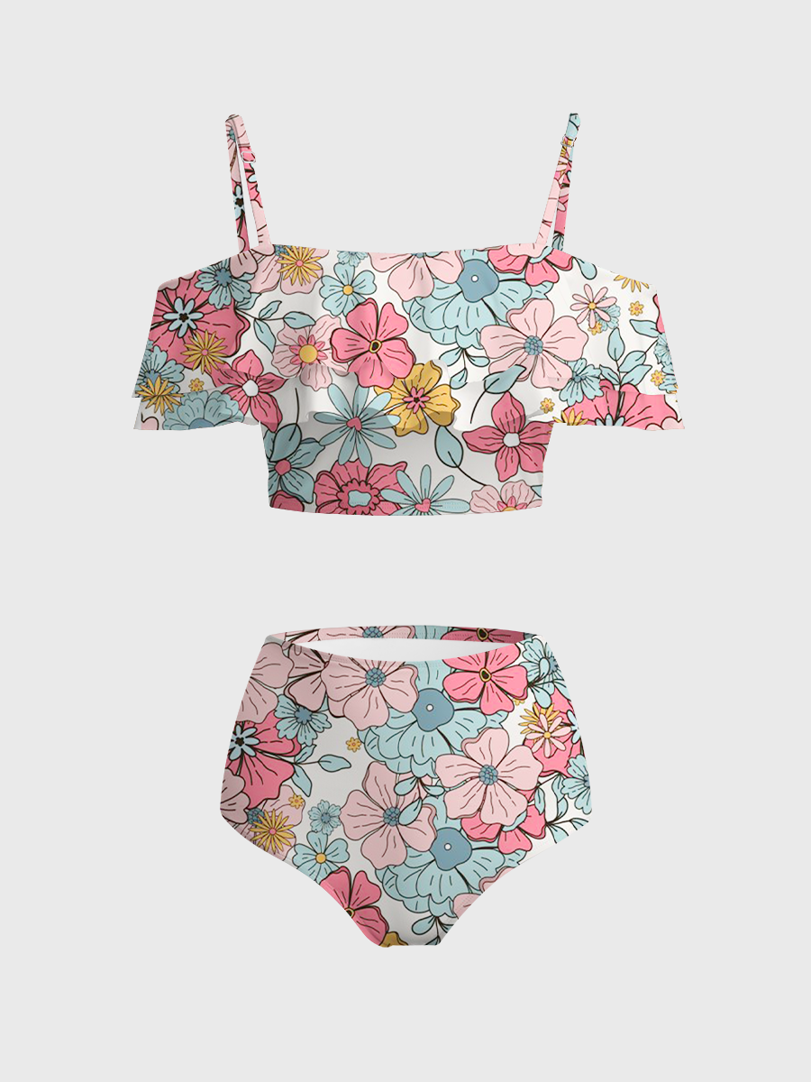 Vintage Soft Bohemian Ditsy Floral Two Piece Ruffled Tankini Swimsuit