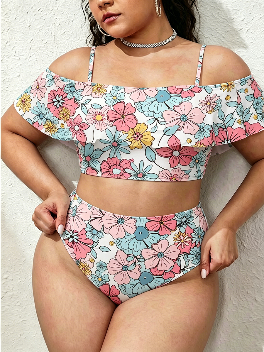 Vintage Soft Bohemian Ditsy Floral Two Piece Ruffled Tankini Swimsuit