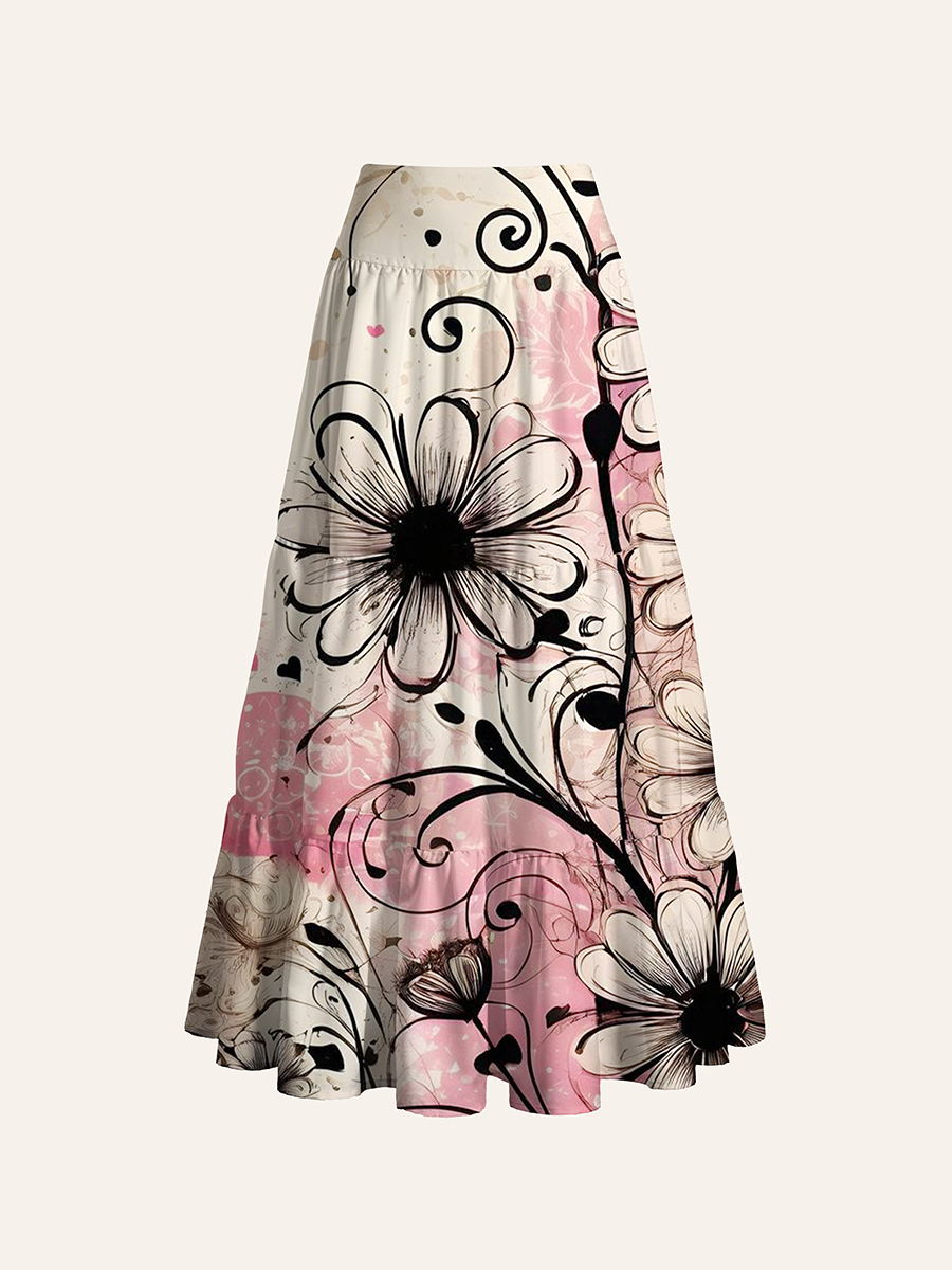 Beige Base Black Outline Daisy & Heart Vintage Collage Convertible Maxi Skirts