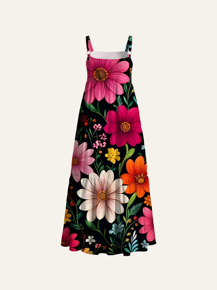 Boho Colorful Daisy Print Adjustable Wide Straps Maxi Dress