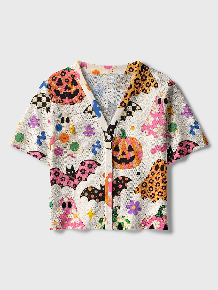 Retro Boho Doodle Ghost Pumpkin Bat Halloween Crochet Button Down Cardigan