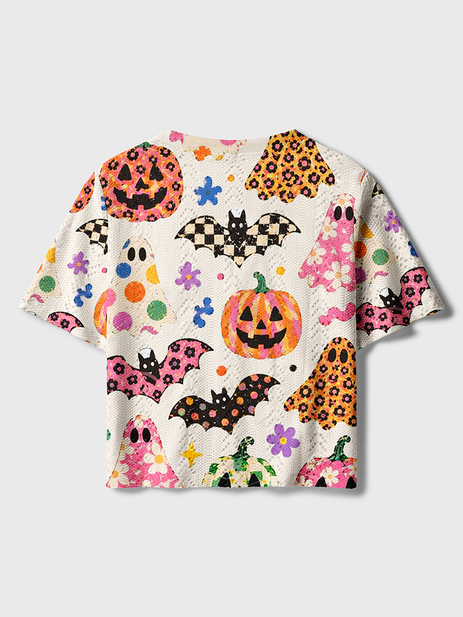 Retro Boho Doodle Ghost Pumpkin Bat Halloween Crochet Button Down Cardigan