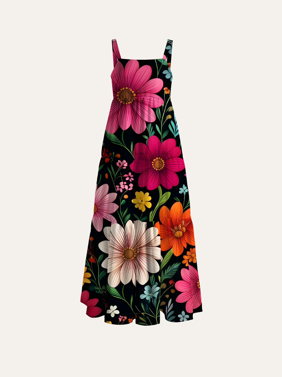 Boho Colorful Daisy Print Adjustable Wide Straps Maxi Dress