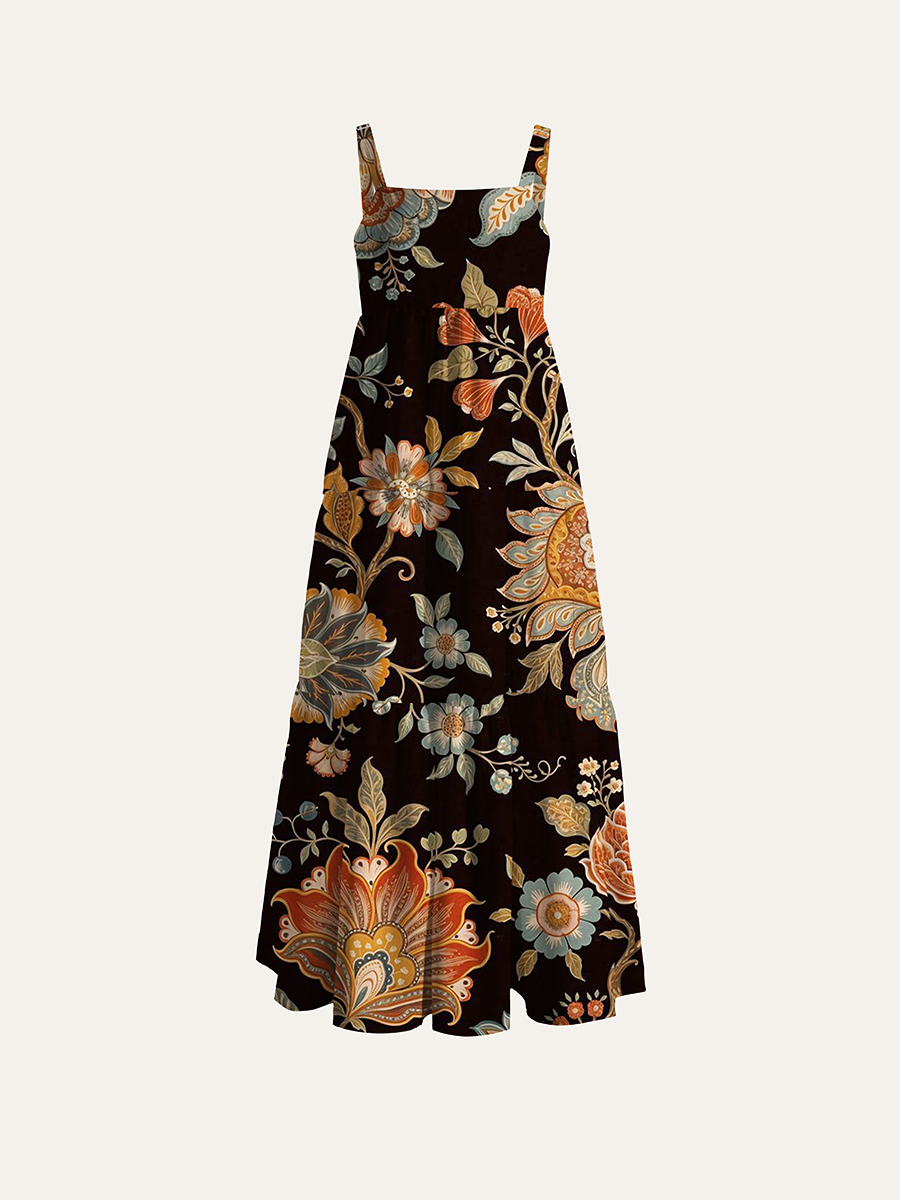 Vintage Jacobean Floral Dark Ethnic  Adjustable Wide Straps Maxi Dress