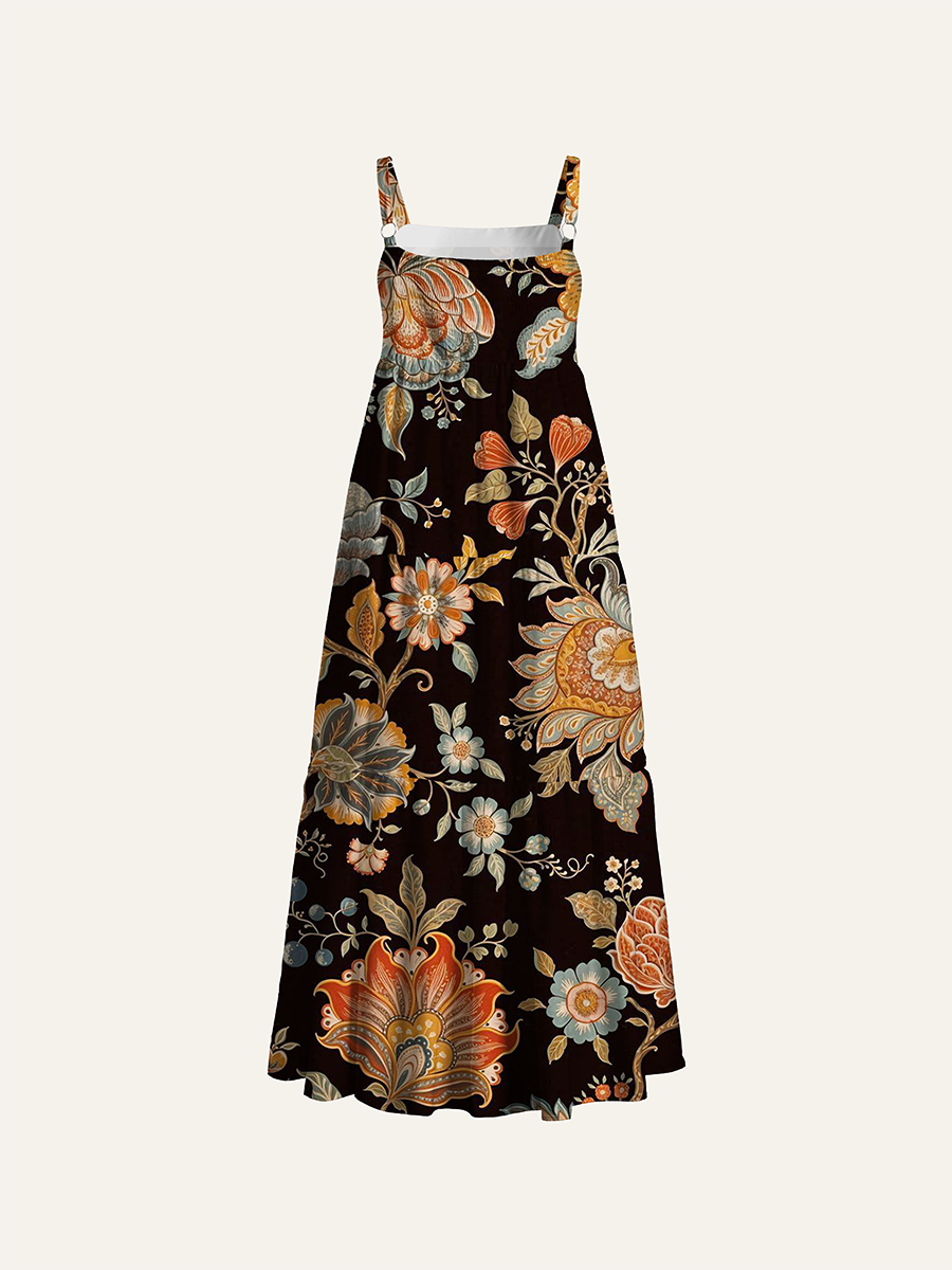 Vintage Jacobean Floral Dark Ethnic  Adjustable Wide Straps Maxi Dress