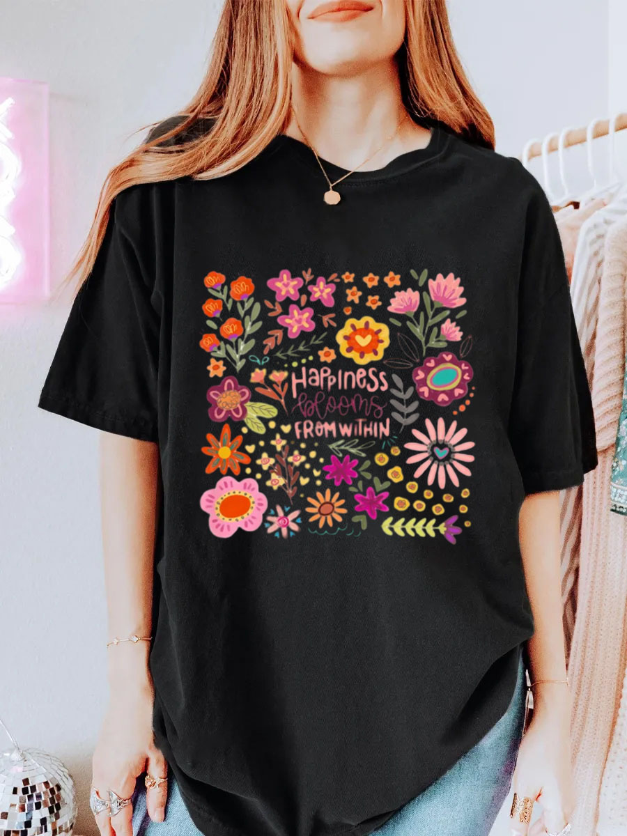 Vintage Happiness Blooms From Within Oversize Graphic Tee