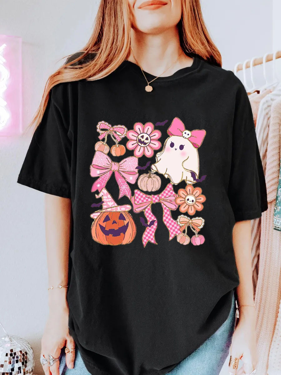 Vintage Girly Pumpkin Bow Oversize Graphic Tee