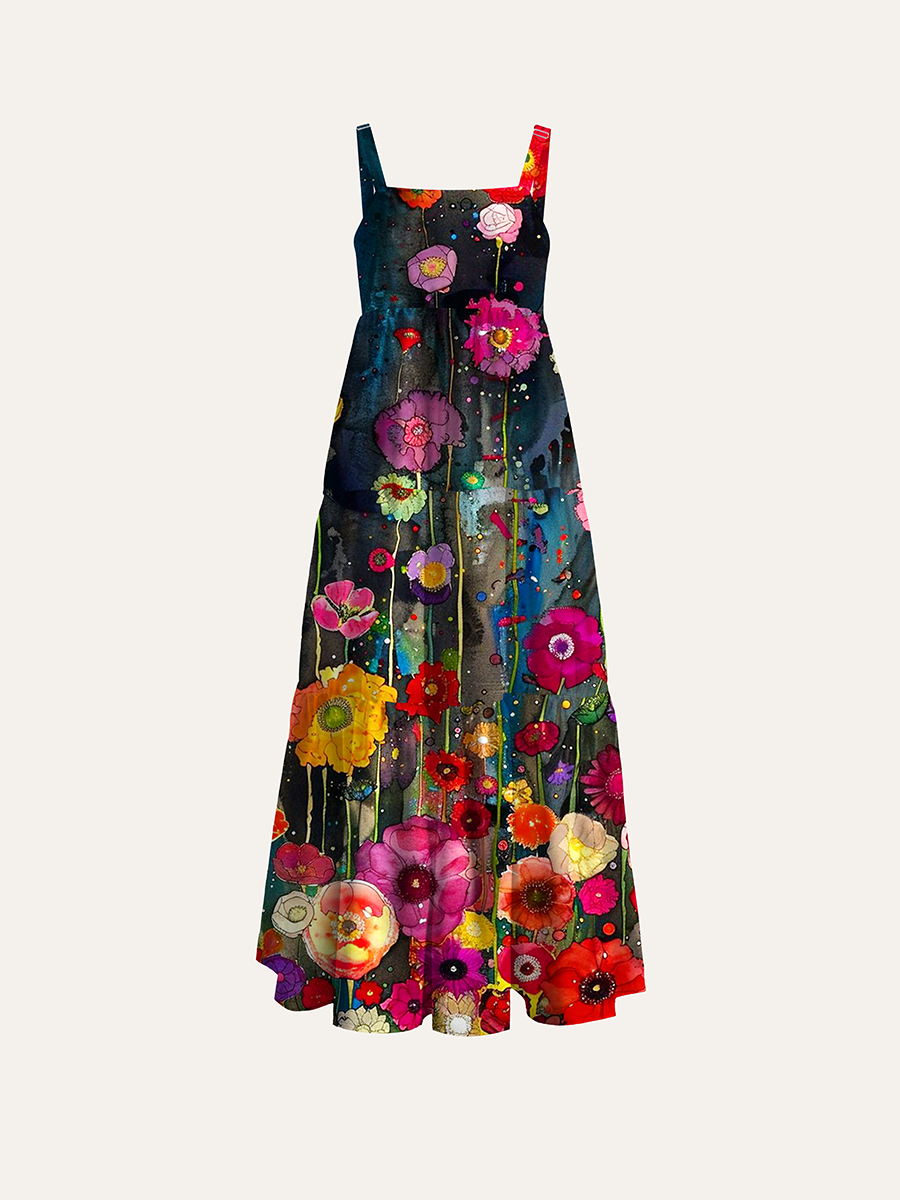 Vintage Whimsical Tall Poppy Watercolor Adjustable Wide Straps Maxi Dress