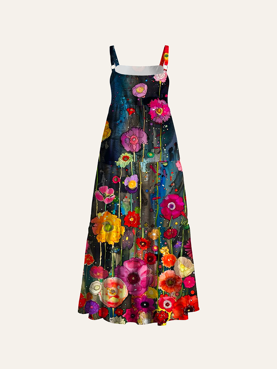 Vintage Whimsical Tall Poppy Watercolor Adjustable Wide Straps Maxi Dress