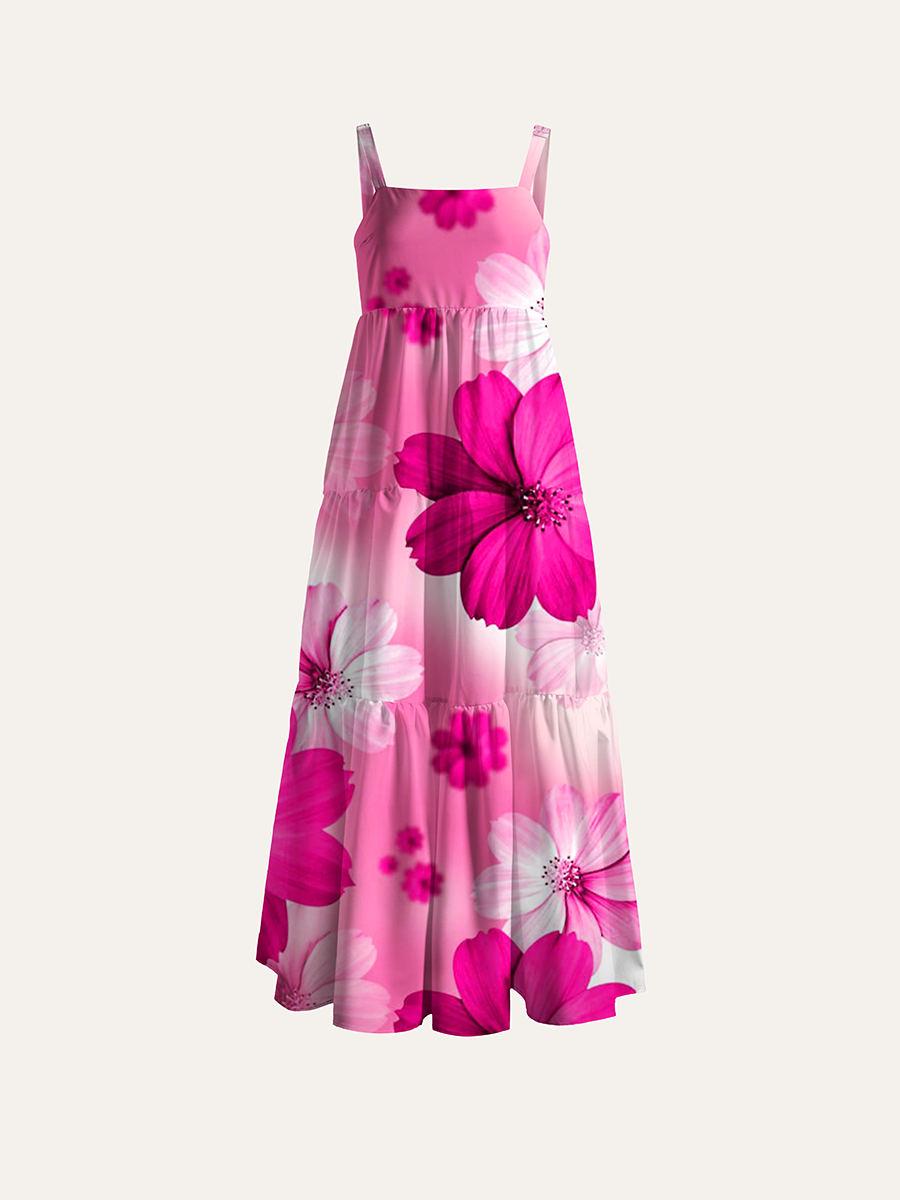 Vintage Soft Gradient Pink Cosmos Floral Adjustable Wide Straps Maxi Dress