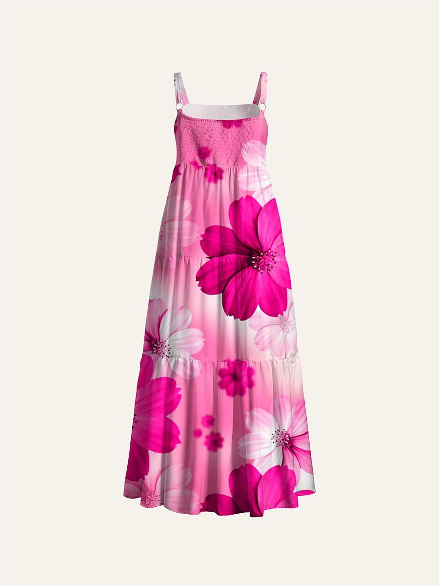 Vintage Soft Gradient Pink Cosmos Floral Adjustable Wide Straps Maxi Dress