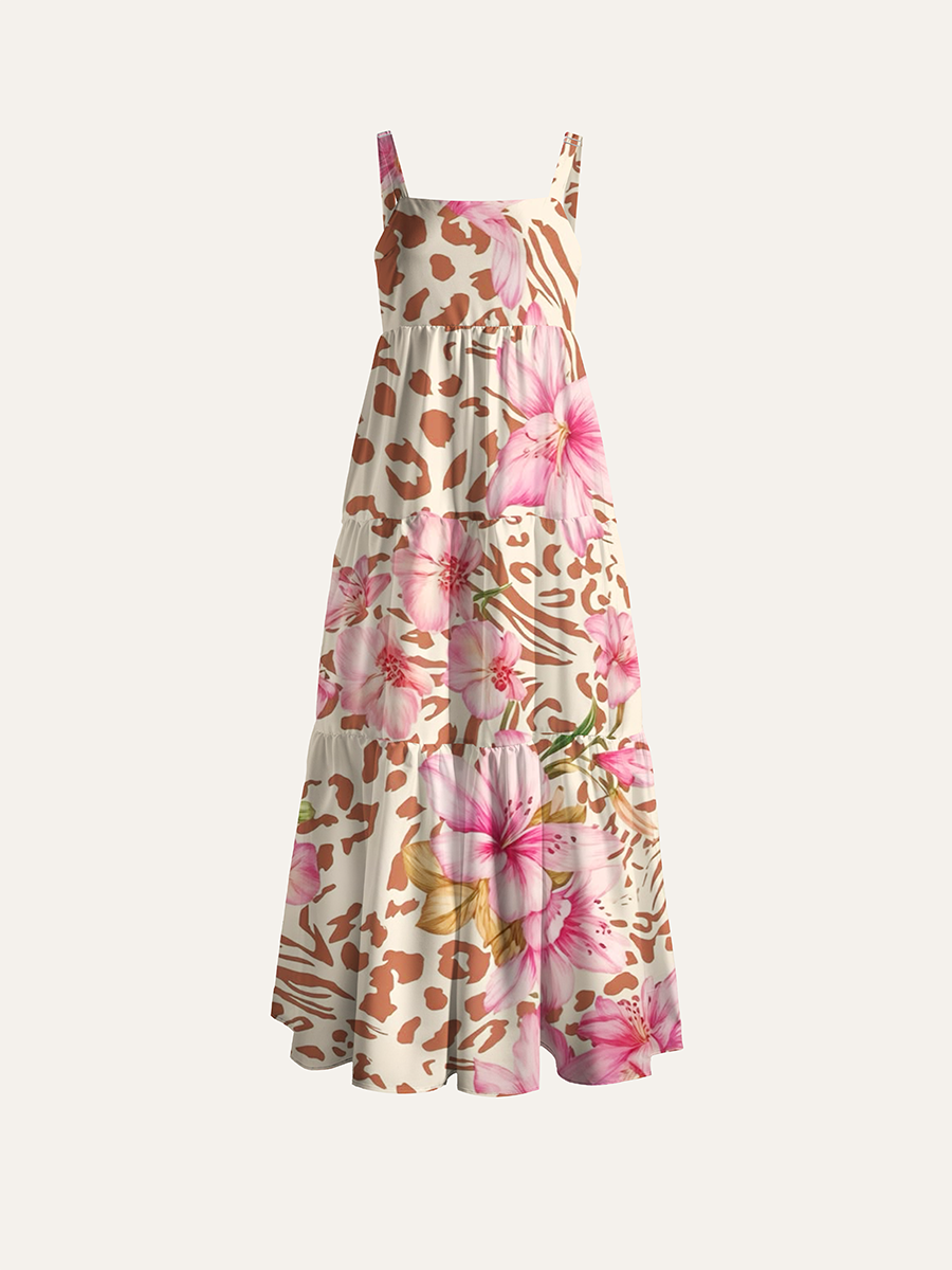 Vintage Leopard Print Pink Azalea Floral Mix Adjustable Wide Straps Maxi Dress