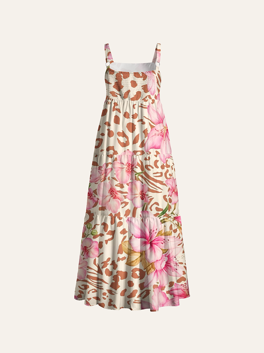 Vintage Leopard Print Pink Azalea Floral Mix Adjustable Wide Straps Maxi Dress