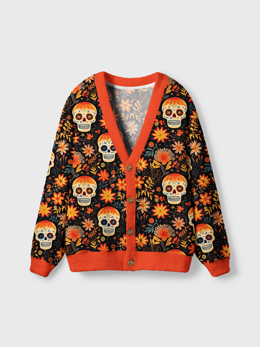 Vintage Day of the Dead Skulls And Autumn Florals Cardigan Sweaters